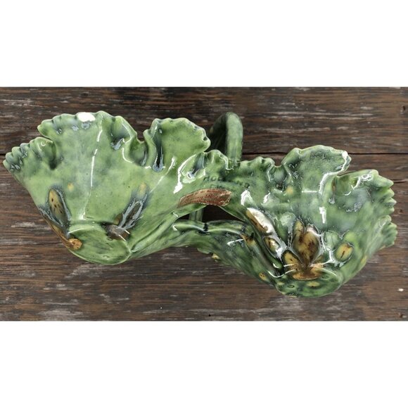 Glazed Double Cabbage Leaf Nut Candy Tidbit Dish With Handle Green Vtg - Picture 7 of 10